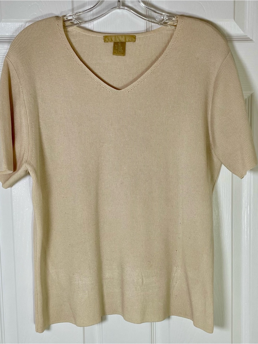 Nordstrom Studio 121 Silk Blend Knit Top Cream V-Neck Short Sleeve Sweater Sz M